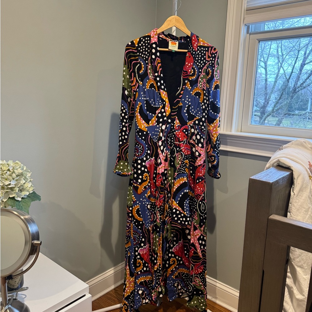 Farm Rio - ocean print Multicolored Long Sleeve Maxi Dress - worn once